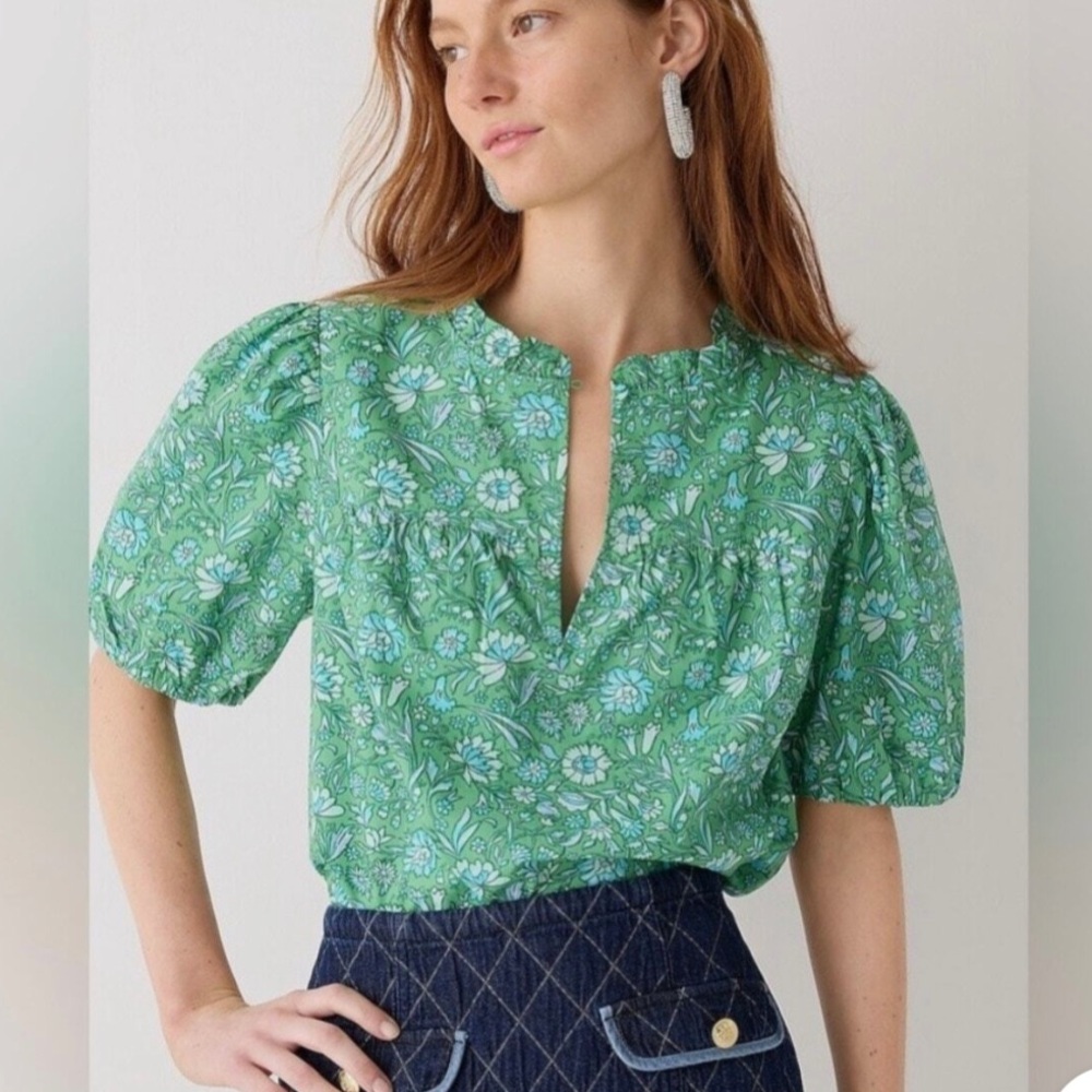 J. Crew Green Ruffled Short Sleeve Blouse